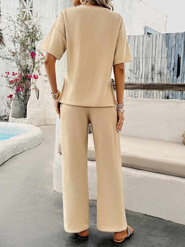 New spring and summer casual solid color knitted short - sleeved trousers suit - Pant Suit